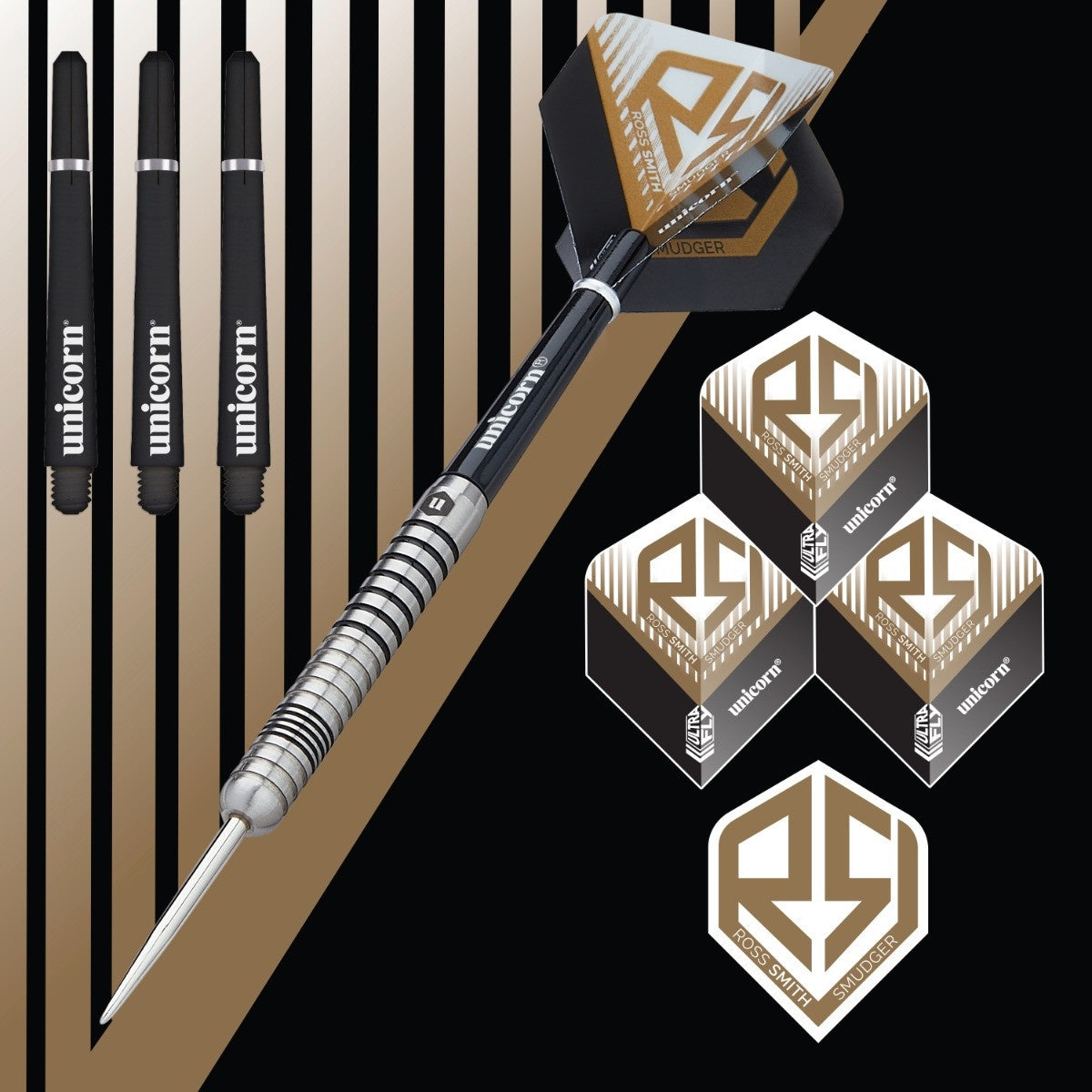 Ross Smith Smudger Steel Tip Darts branded contents image displaying the darts and included accessories alongside Unicorn branding