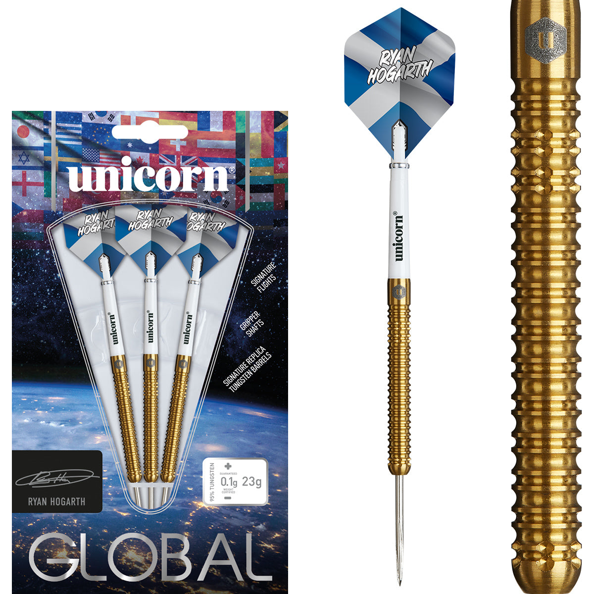 Ryan Hogarth Steel Tip Darts main product image showing the darts, packaging, flights, shafts, and included accessories