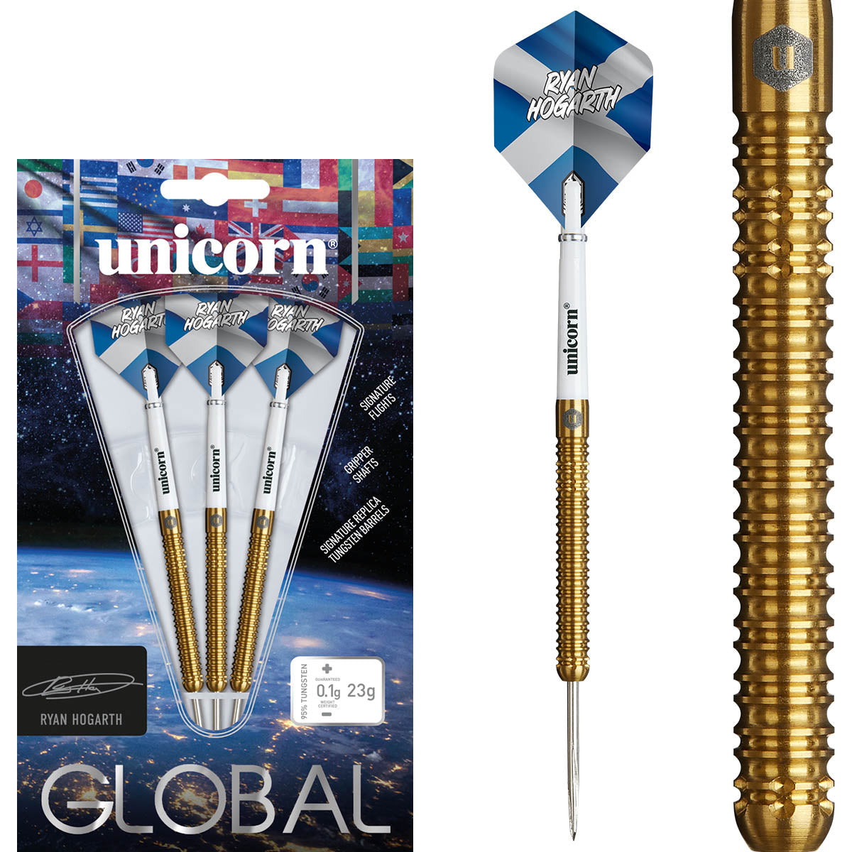 Ryan Hogarth Steel Tip Darts main product image showing the darts, packaging, flights, shafts, and included accessories