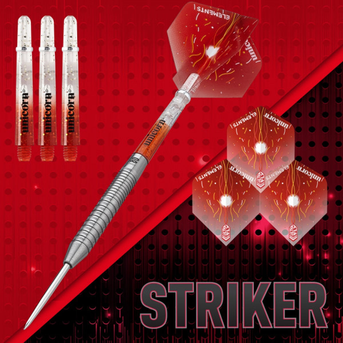 Striker Type 1 Steel Tip Darts branded contents image displaying the darts and included accessories alongside Unicorn branding