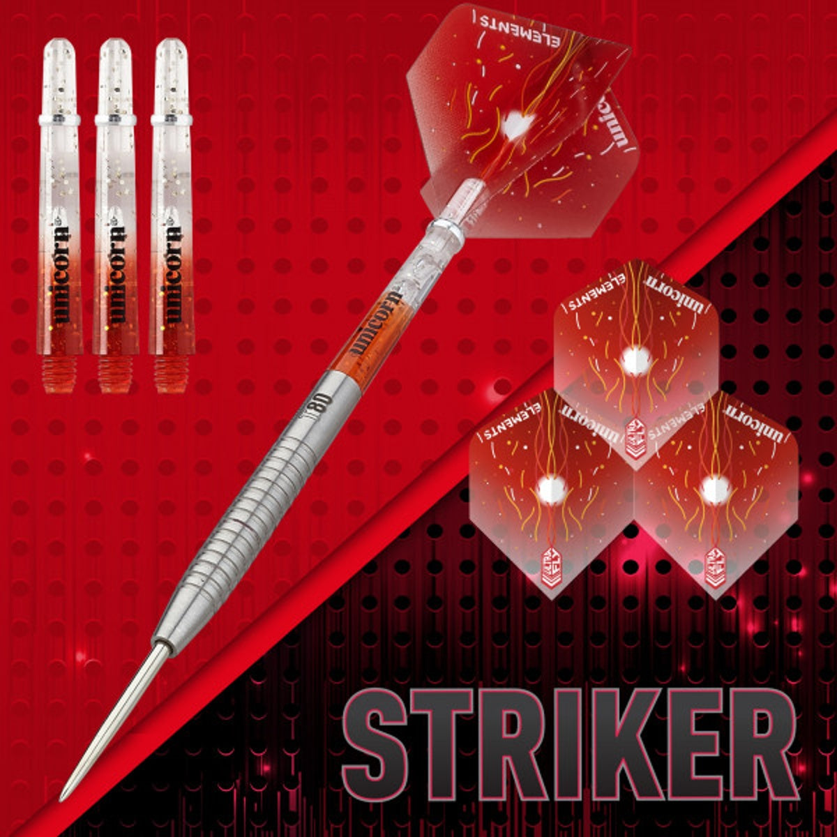 Striker Type 2 Steel Tip Darts branded contents image displaying the darts and included accessories alongside Unicorn branding