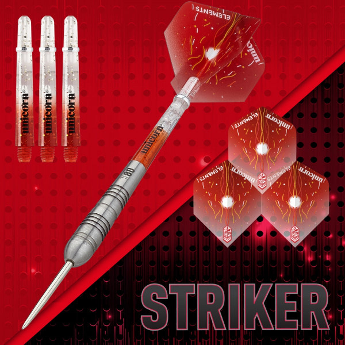 Striker Type 4 Steel Tip Darts branded contents image displaying the darts and included accessories alongside Unicorn branding