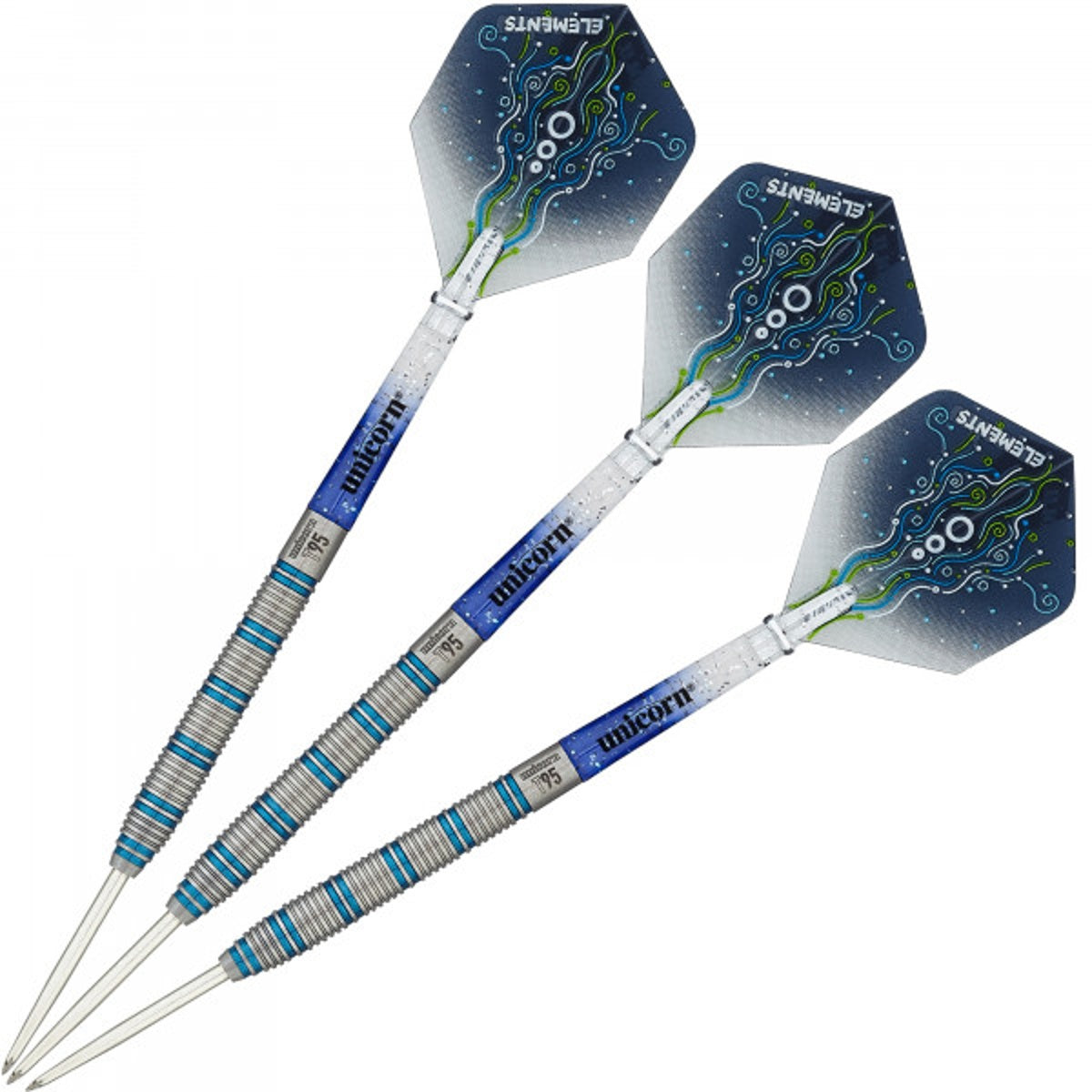 T95 Type 1 Core XL Blue Steel Tip Darts image showing the complete three dart set together highlighting barrel design consistency and styling