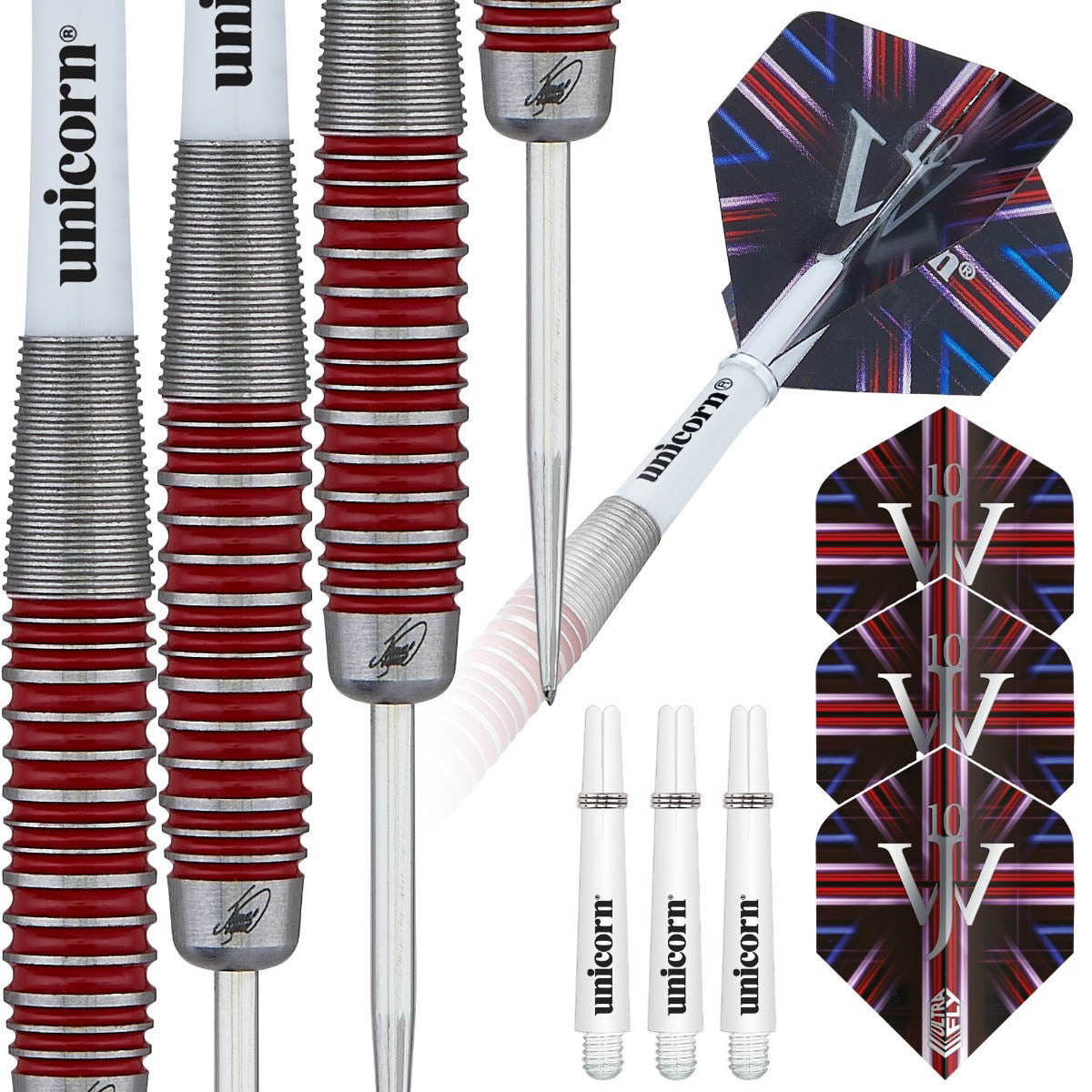 The Machine James Wade 90 Percent Tungsten Steel Tip Darts contents image displaying everything included inside the package