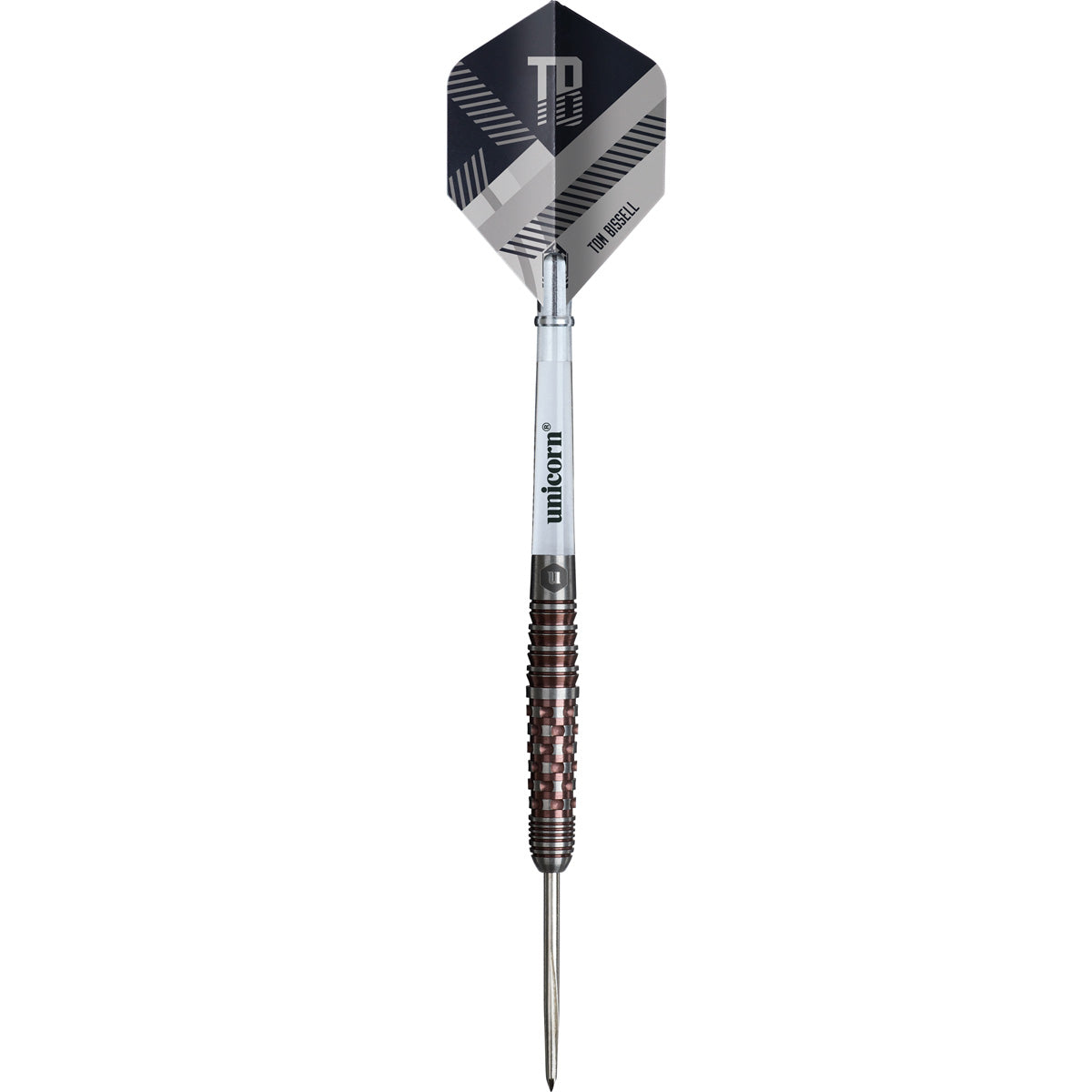 Tom Bissell Rosso Steel Tip Darts straight barrel profile image showing the full length design, grip positioning, and barrel geometry