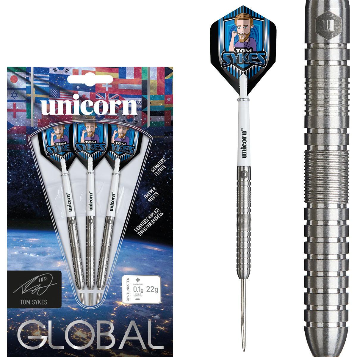 Tom Sykes Steel Tip Darts main product image showing the darts, packaging, flights, shafts, and included accessories