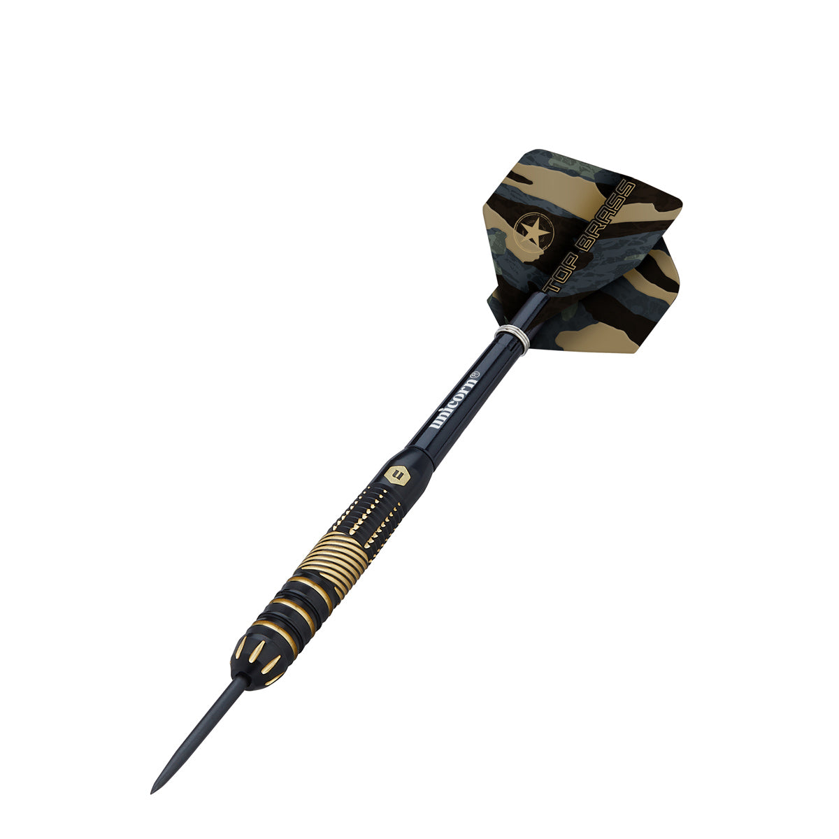 Top Brass 2 Steel Tip Darts angled product image displaying the barrel profile, grip layout, and design features