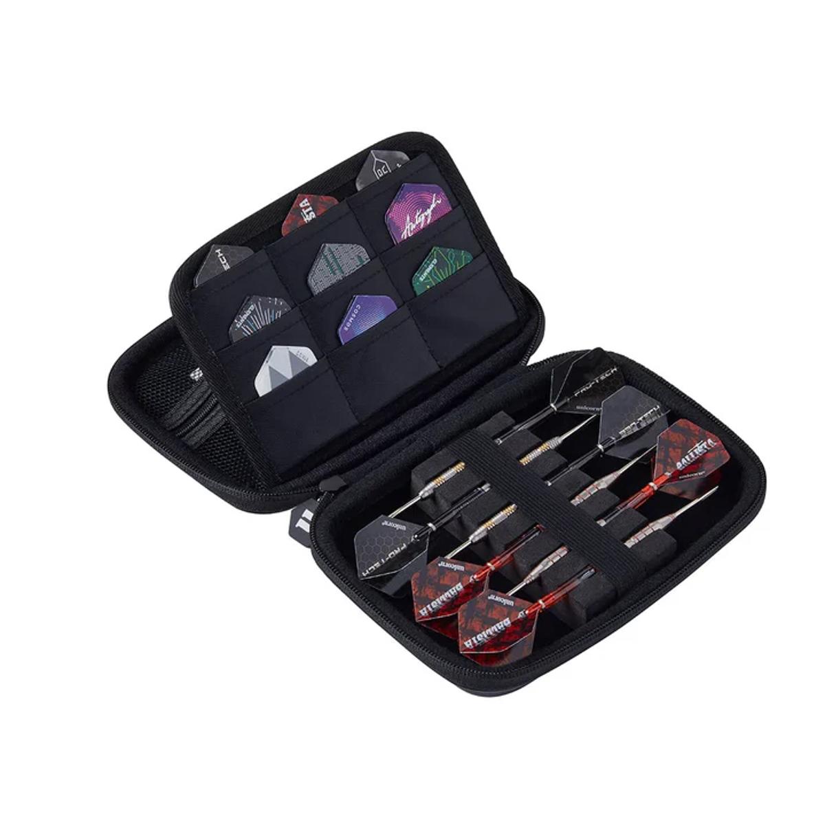 Interior view of Gary Anderson darts case showing organized dart sets and spare flights