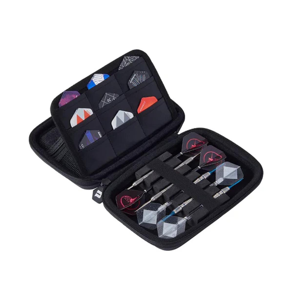 Interior view of James Wade darts case showing storage for flights and fully assembled darts
