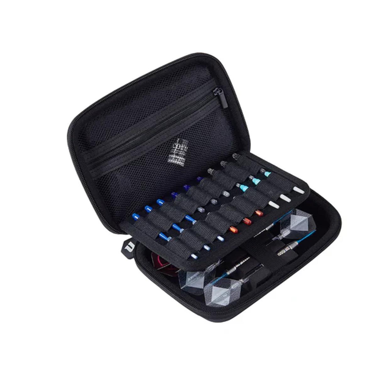 James Wade darts case open with dart shafts and accessories neatly stored
