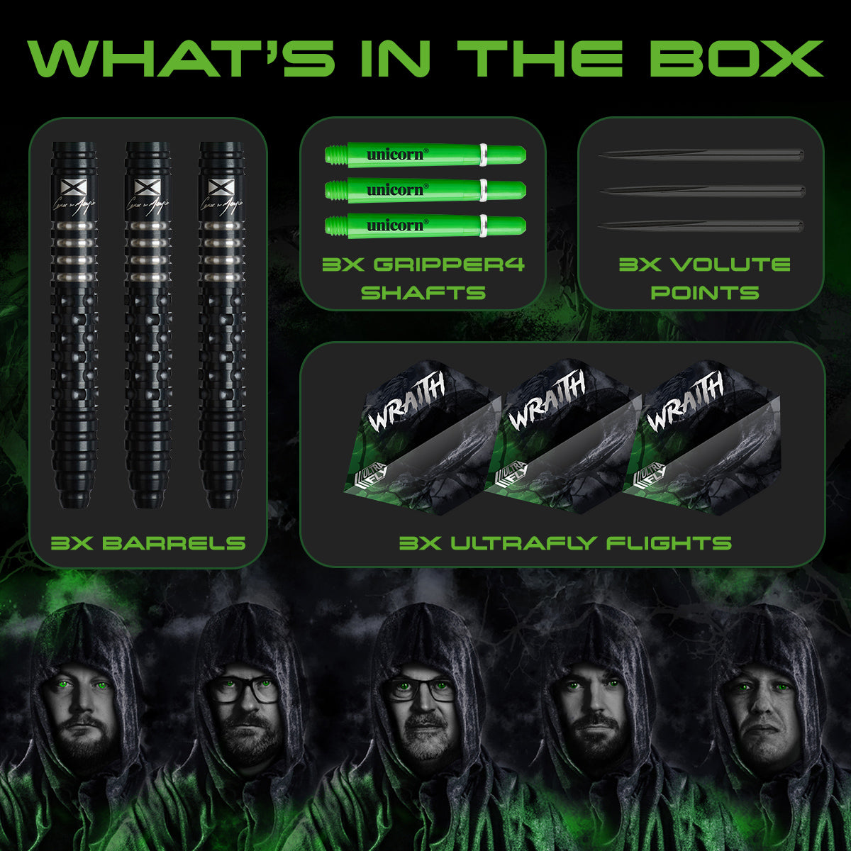 Wraith Cameron Menzies Steel Tip Darts contents image displaying everything included inside the package