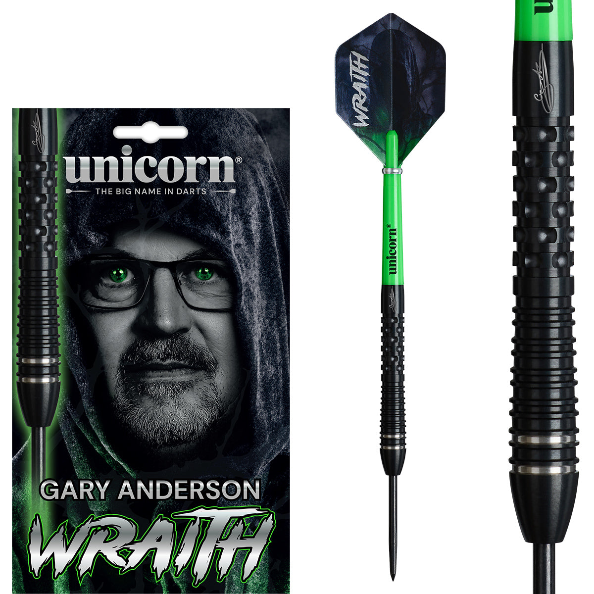 Wraith Gary Anderson Phase 6 Steel Tip Darts main product image showing the darts, packaging, flights, shafts, and included accessories