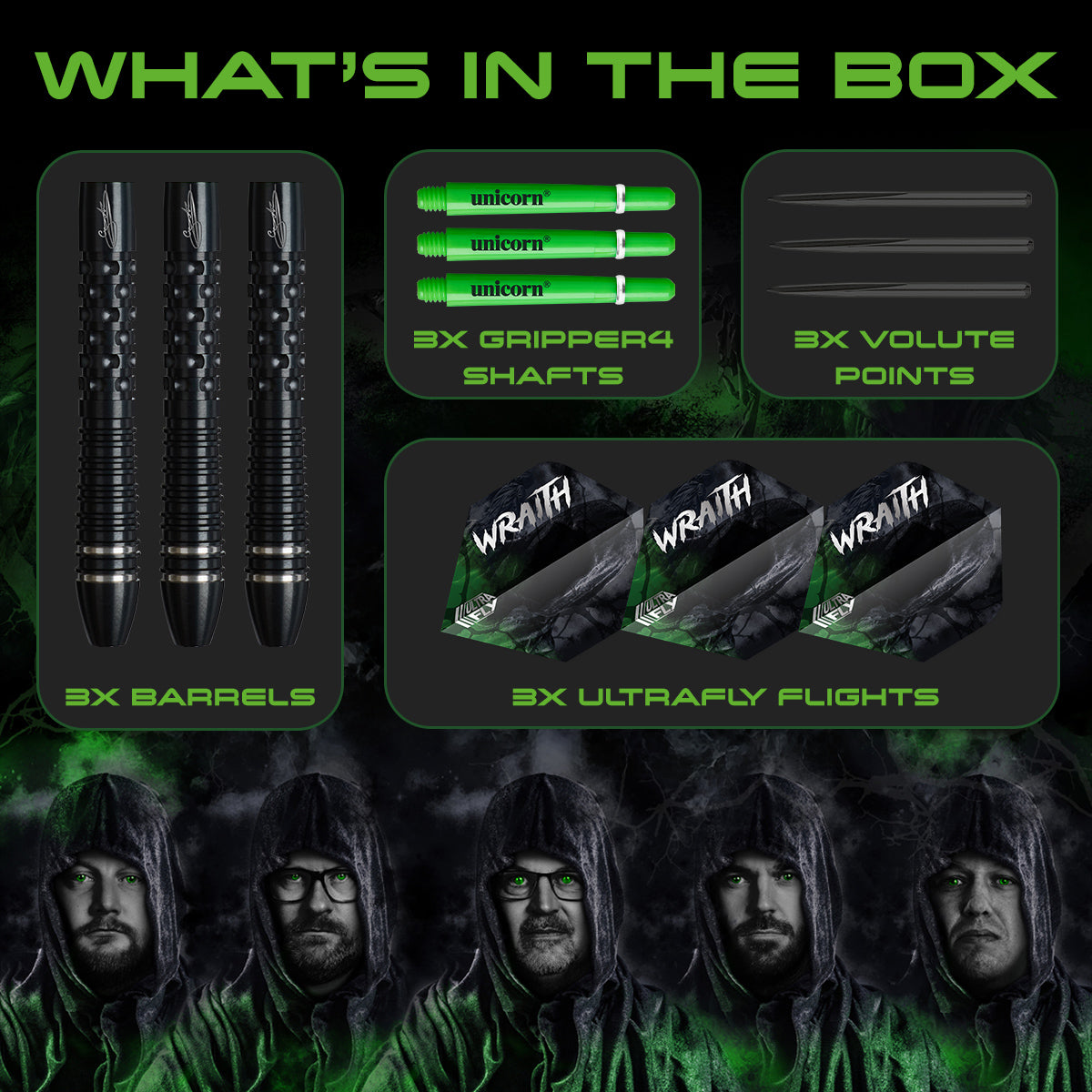 Wraith Gary Anderson Phase 6 Steel Tip Darts contents image displaying everything included inside the package