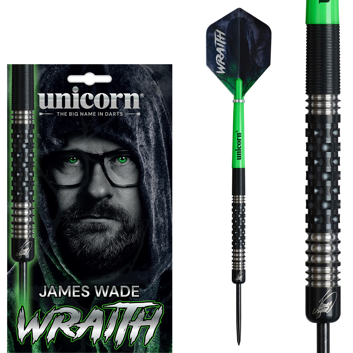 Wraith James Wade Phase 2 Steel Tip Darts main product image showing the darts, packaging, flights, shafts, and included accessories