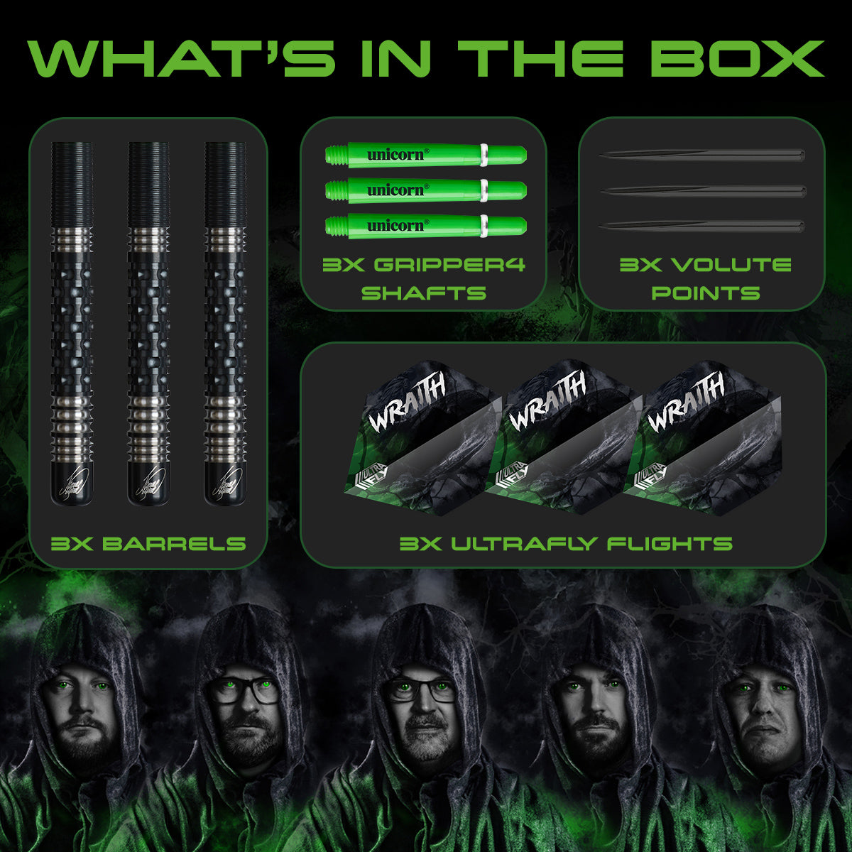 Wraith James Wade Phase 2 Steel Tip Darts contents image displaying everything included inside the package