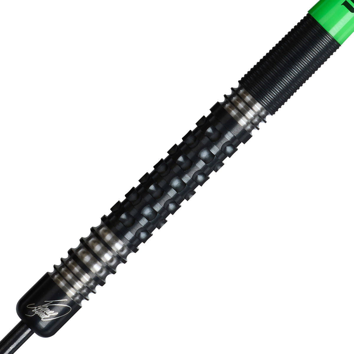 Wraith James Wade Phase 2 Steel Tip Darts close up image showing detailed grip patterns, machining, coating, and precision craftsmanship