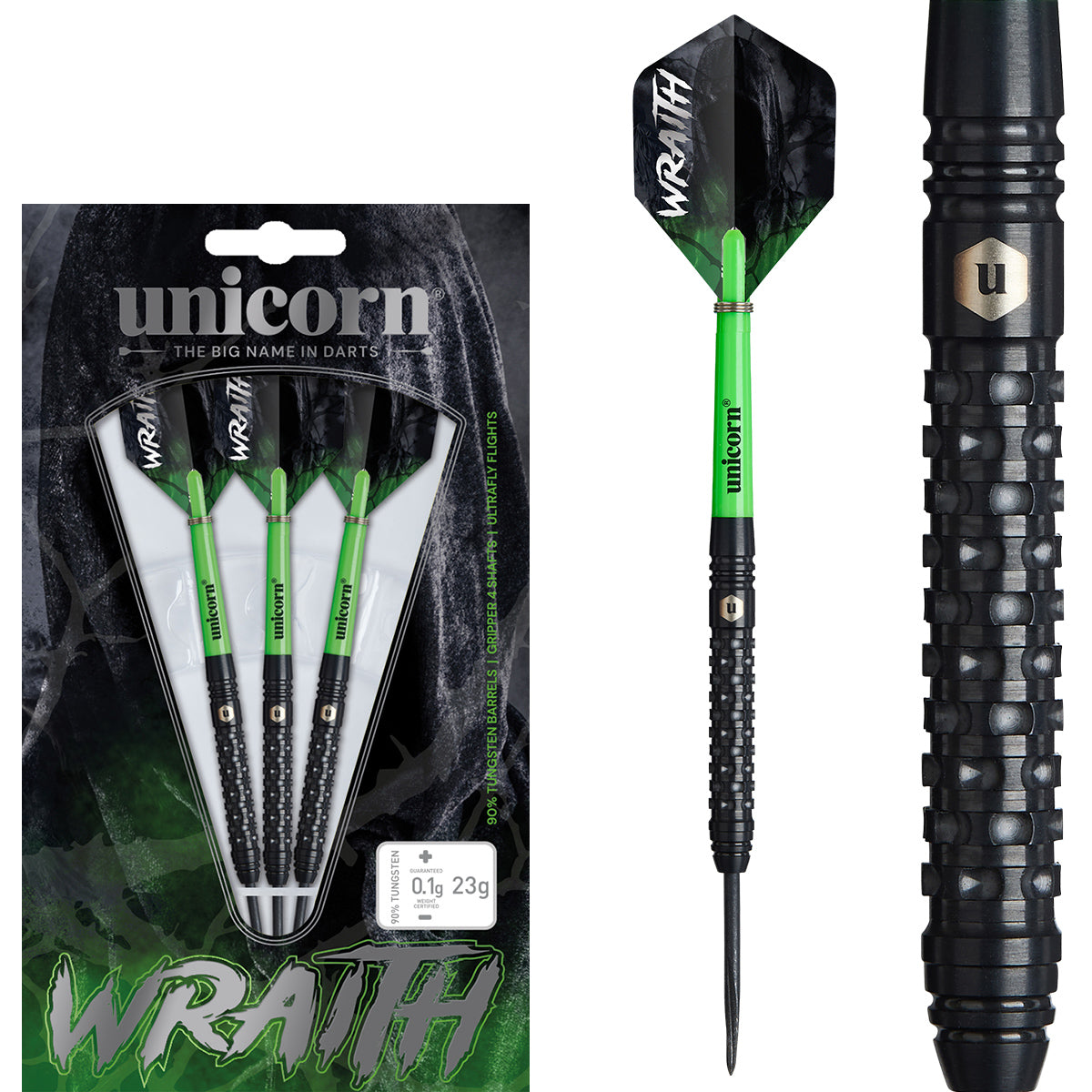 Wraith Steel Tip Darts main product image showing the darts, packaging, flights, shafts, and included accessories