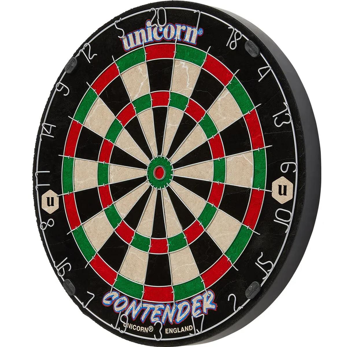 Angled side view of the Unicorn Contender Dartboard displaying depth and construction with visible numbering and branding.