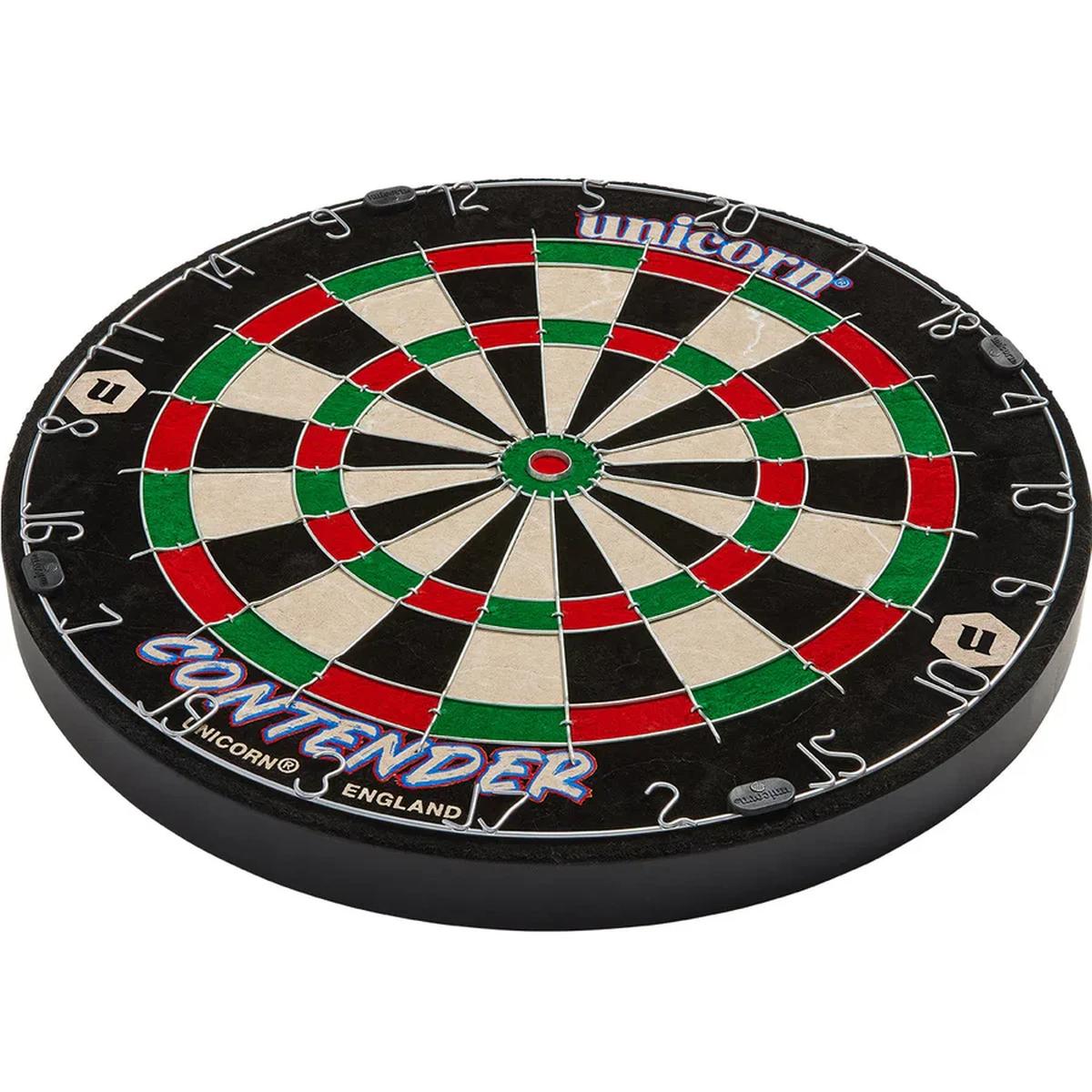 Flat angled view of the Unicorn Contender Dartboard highlighting the surface detail and wire frame structure