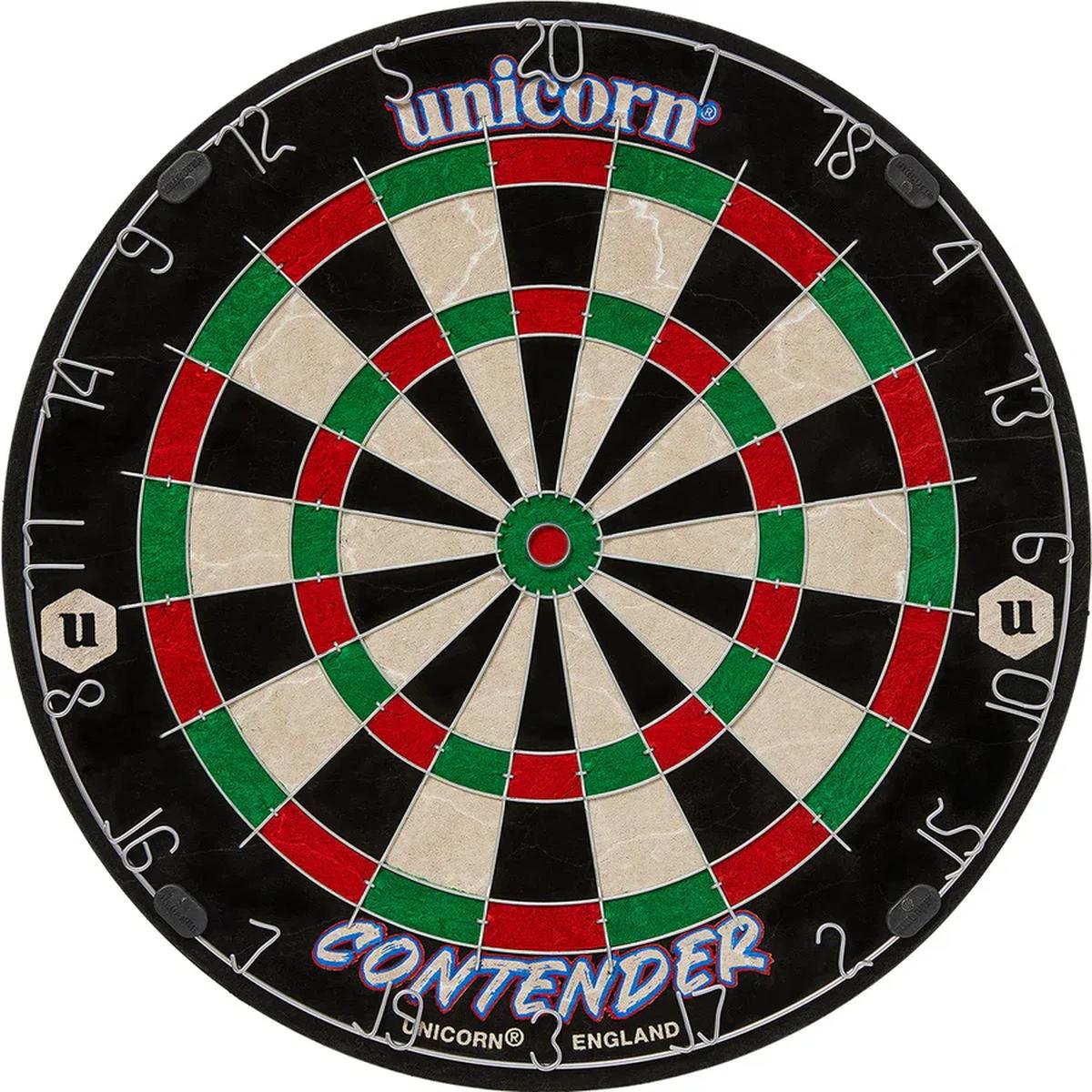 Front view of the Unicorn Contender Dartboard showing full face-on layout with branded segments and classic wiring.