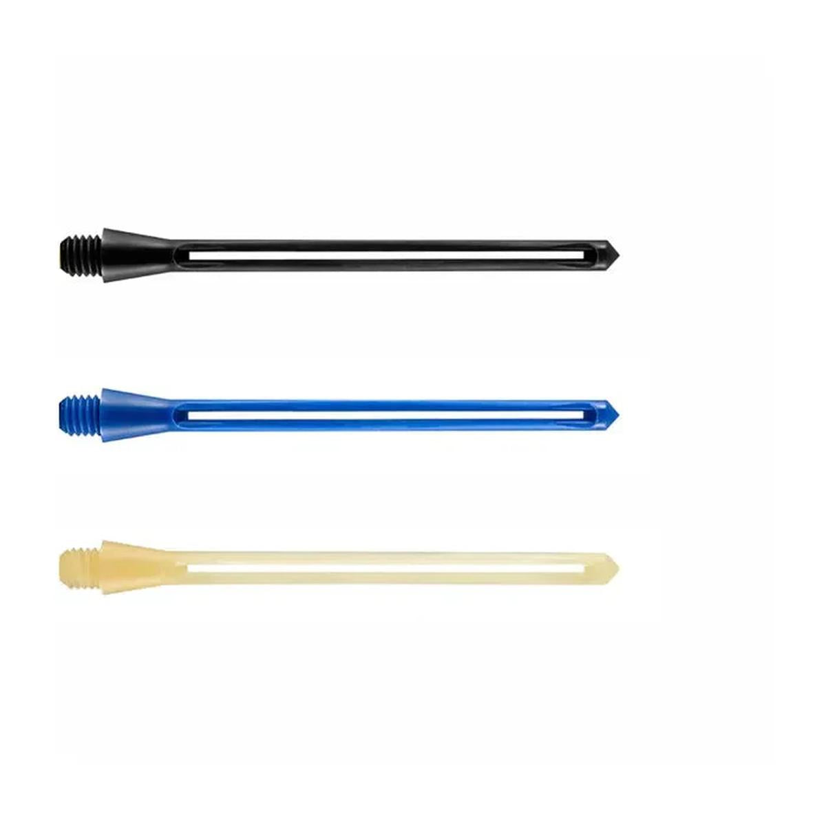 Unicorn Slikstik dart stems shown in three colours—black, blue, and natural—for use with soft or steel tip darts.