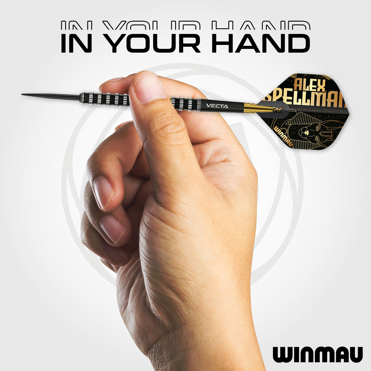 Alex Spellman Steel Tip Darts in hand image showing the barrel held in a player's hand to demonstrate grip position, scale, and profile shape