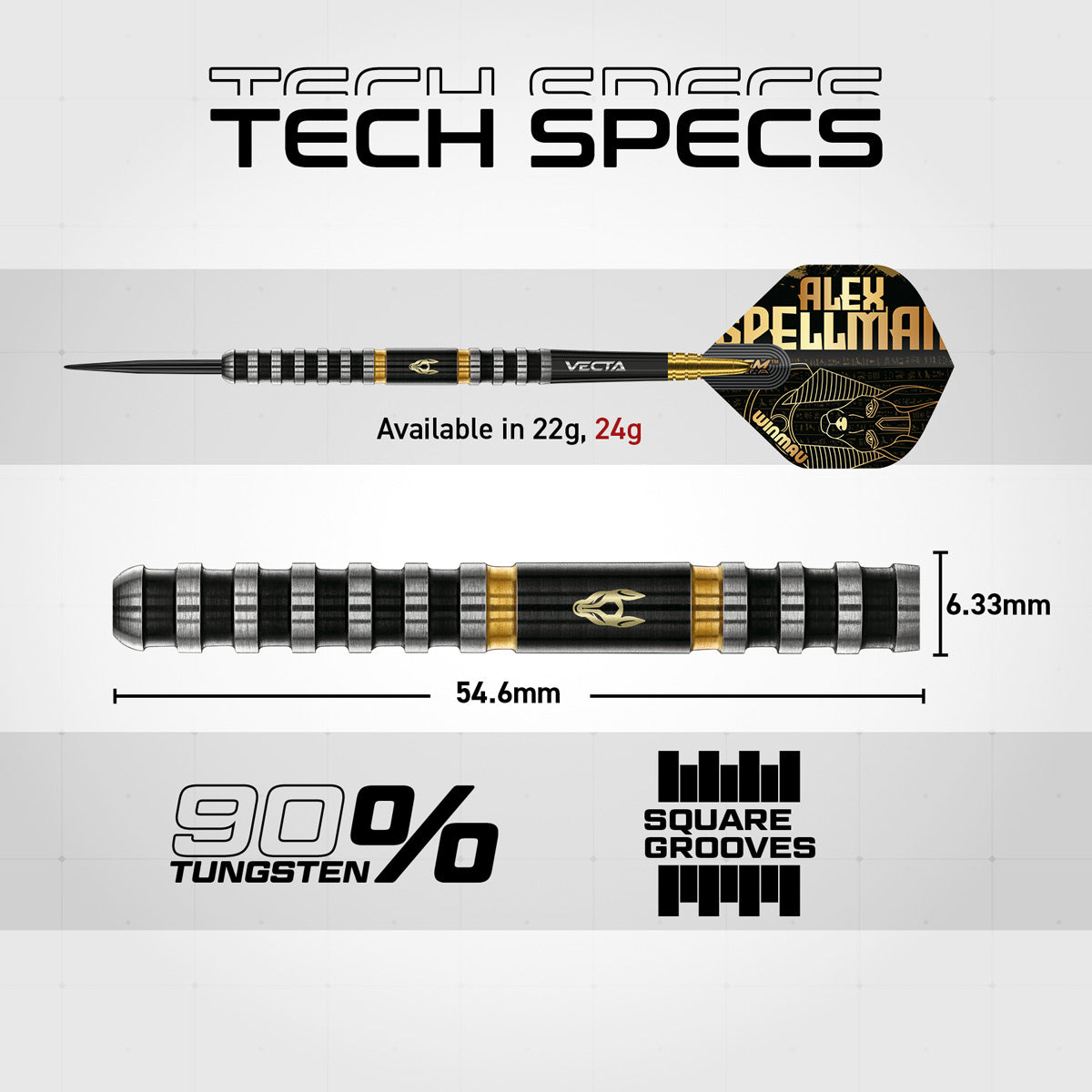 Alex Spellman Steel Tip Darts technical specifications image showing barrel dimensions, weight information, grip profile, and key product features