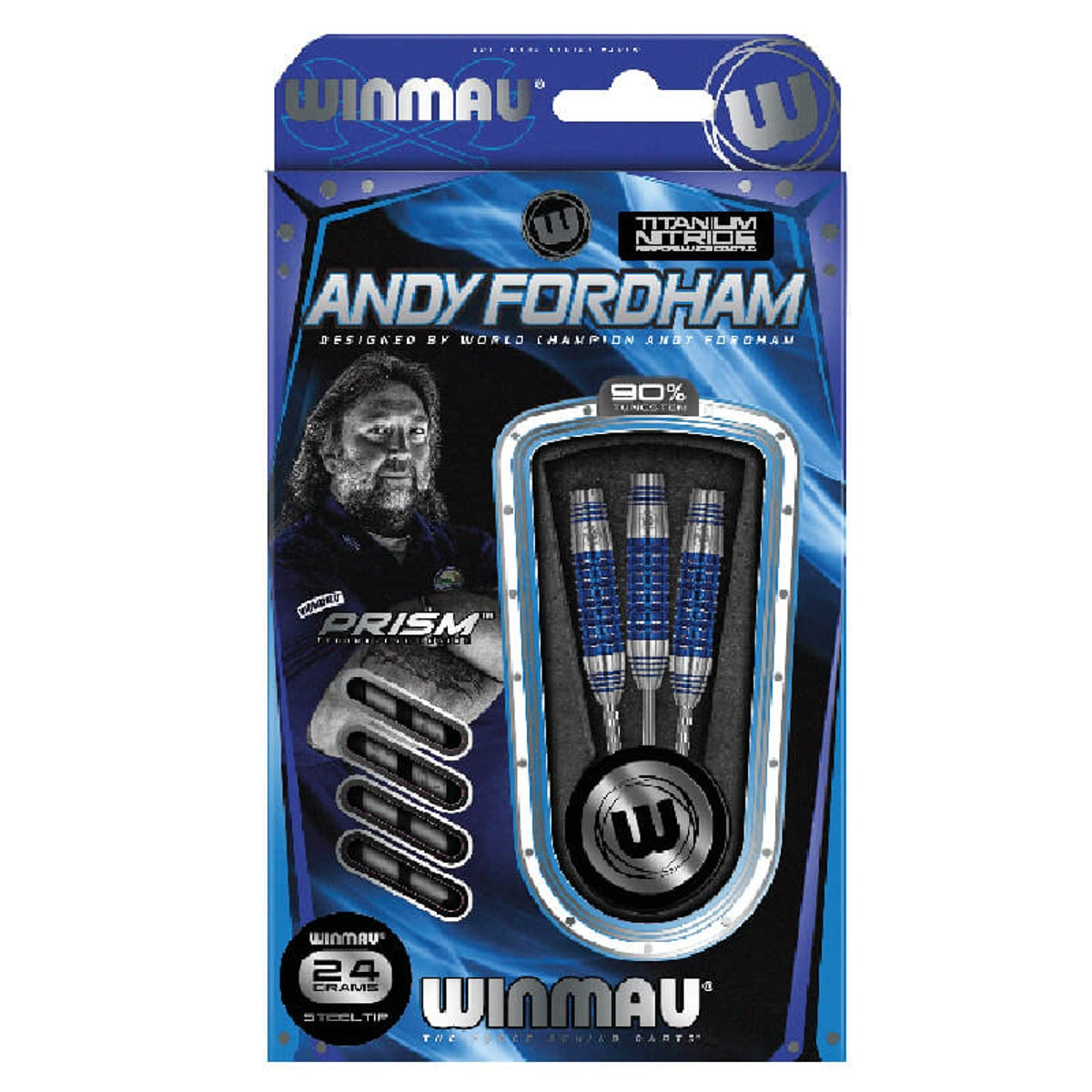 Andy Fordham Blue Titanium Nitride Steel Tip Darts packaging exterior image showing the outer box artwork, branding, and presentation design