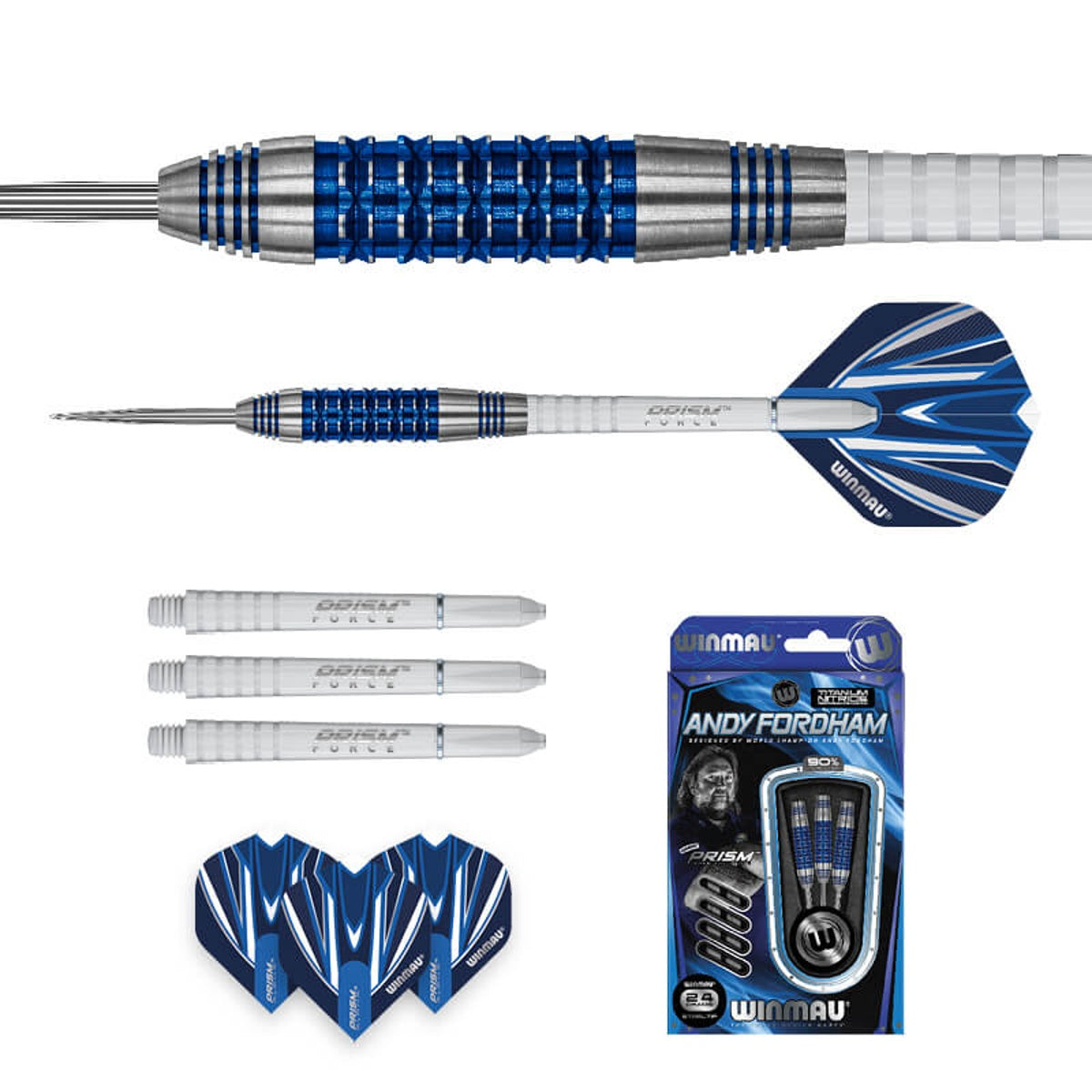 Andy Fordham Blue Titanium Nitride Steel Tip Darts contents image displaying everything included inside the package