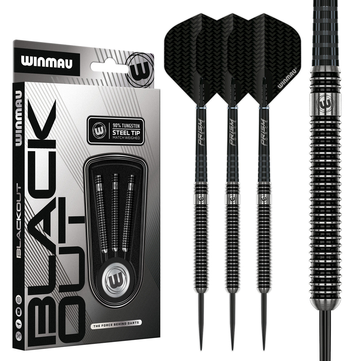 Blackout Straight Barrel Steel Tip Darts main product image showing the darts, packaging, flights, shafts, and included accessories