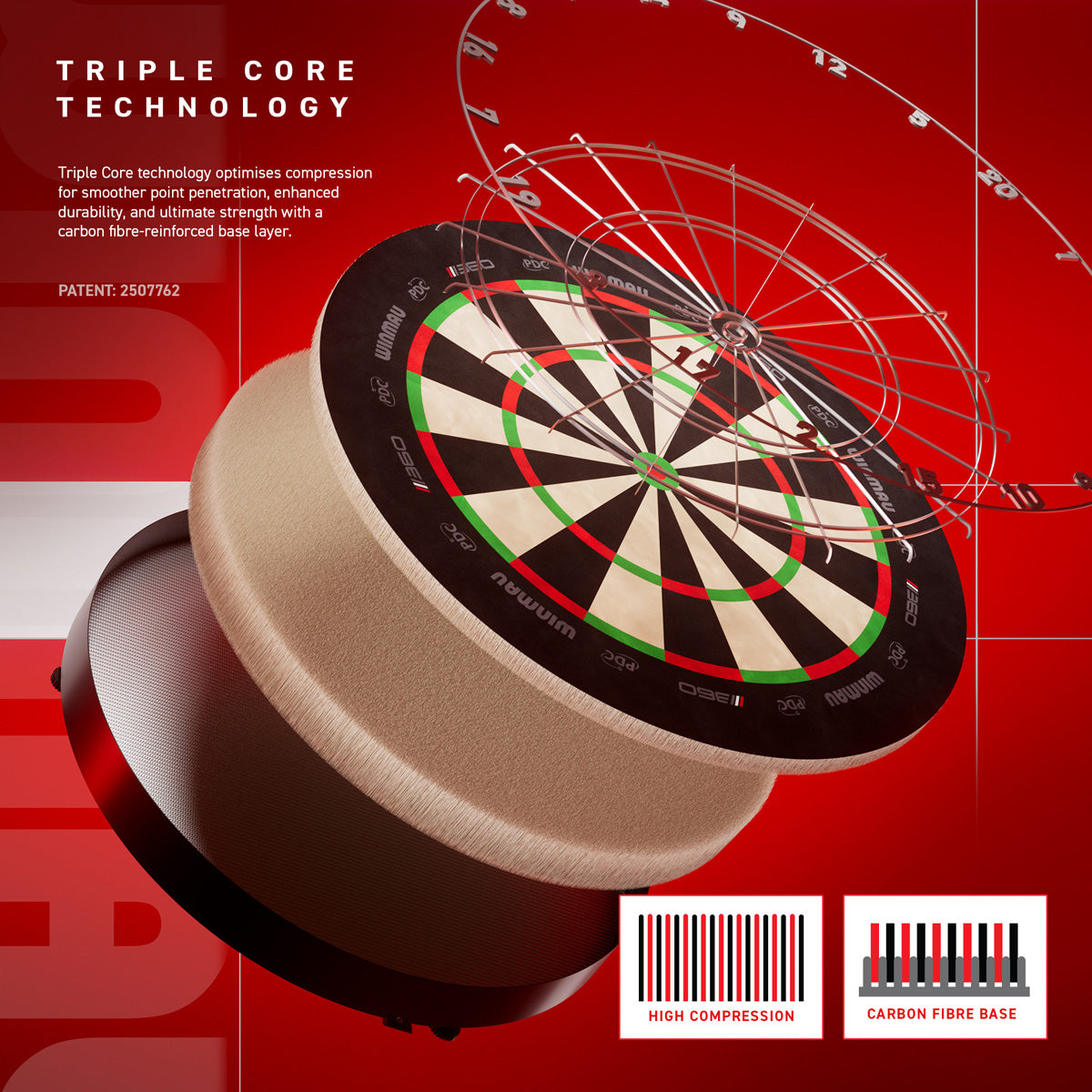 Winmau Blade 360 Triple Core Dartboard image highlighting the sisal fibre construction and playing surface