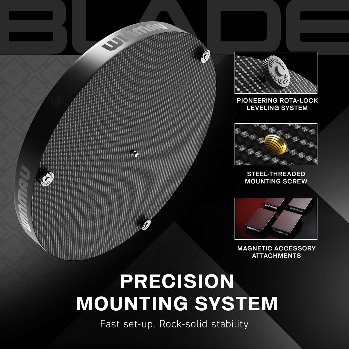 Winmau Blade X Official PDC Dartboard image highlighting how to mount the dartboard correctly and it's attachments