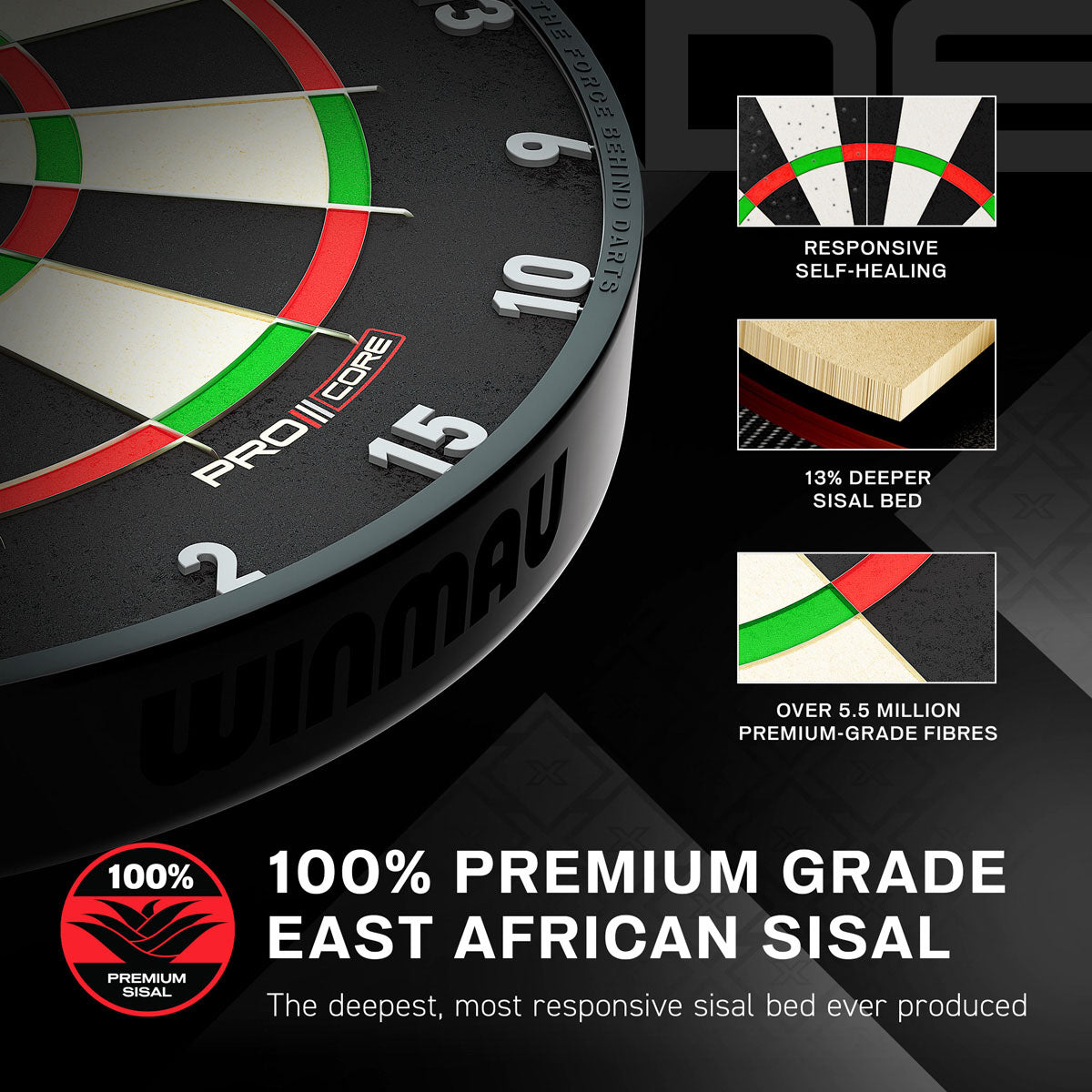 Winmau Blade X Official PDC Dartboard close up image highlighting the sisal fibre construction and playing surface