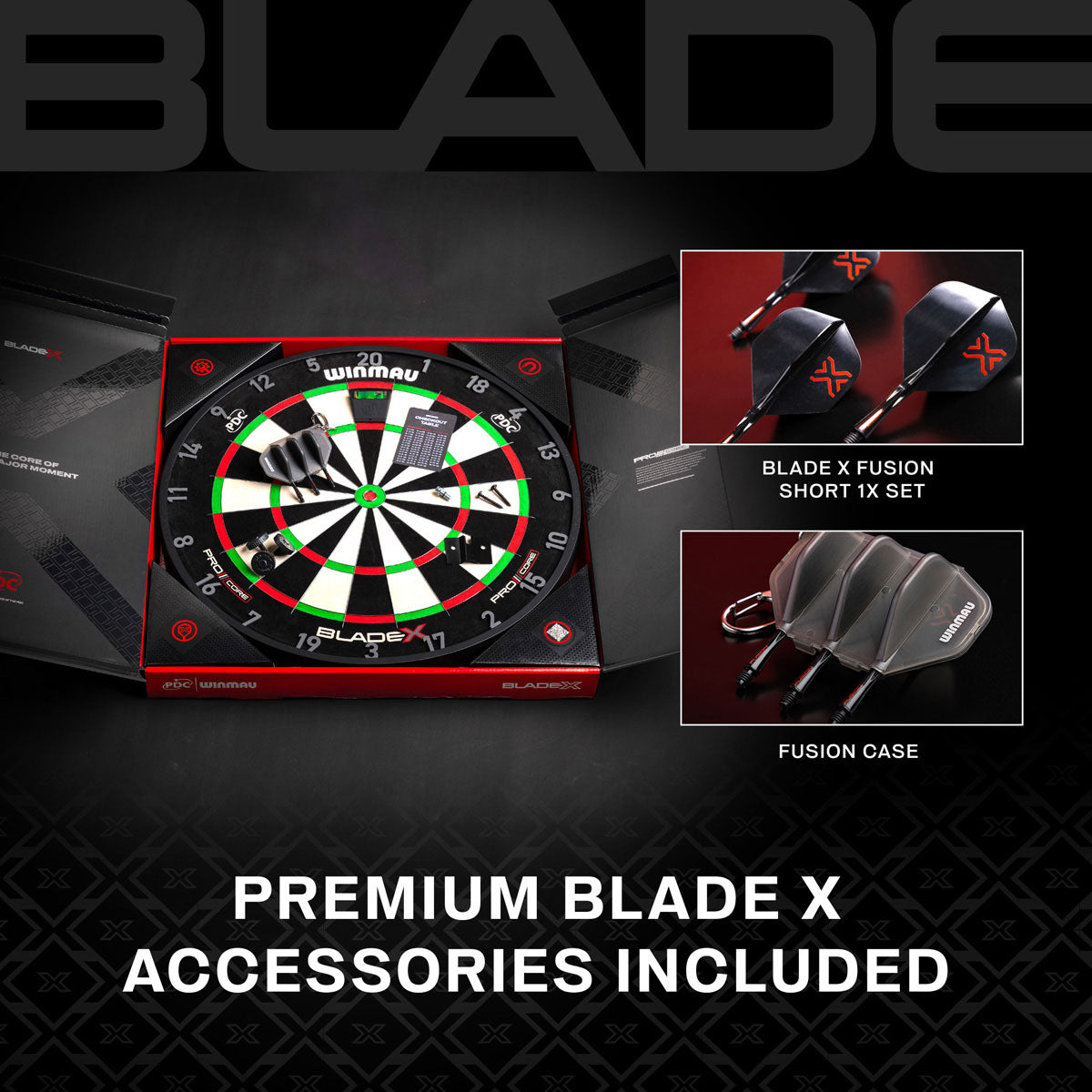Winmau Blade X Official PDC Dartboard image showing everything included inside the box