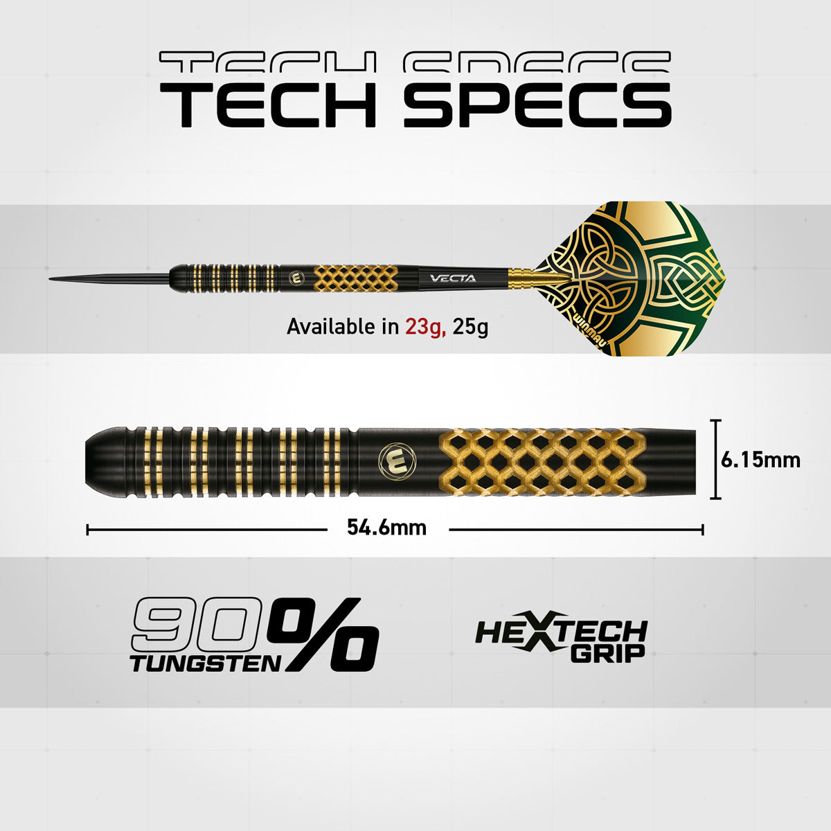 Brendan Dolan Signature Series Steel Tip Darts technical specifications image showing barrel dimensions, weight information, grip profile, and key product features