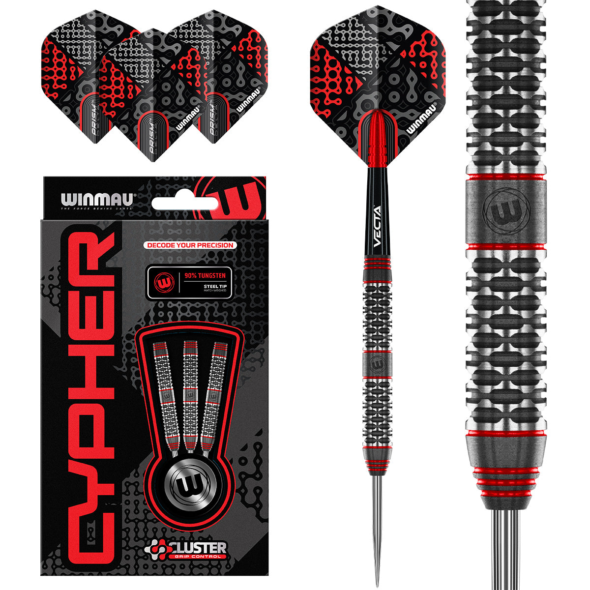 Cypher Steel Tip Darts main product image showing the darts, packaging, flights, shafts, and included accessories