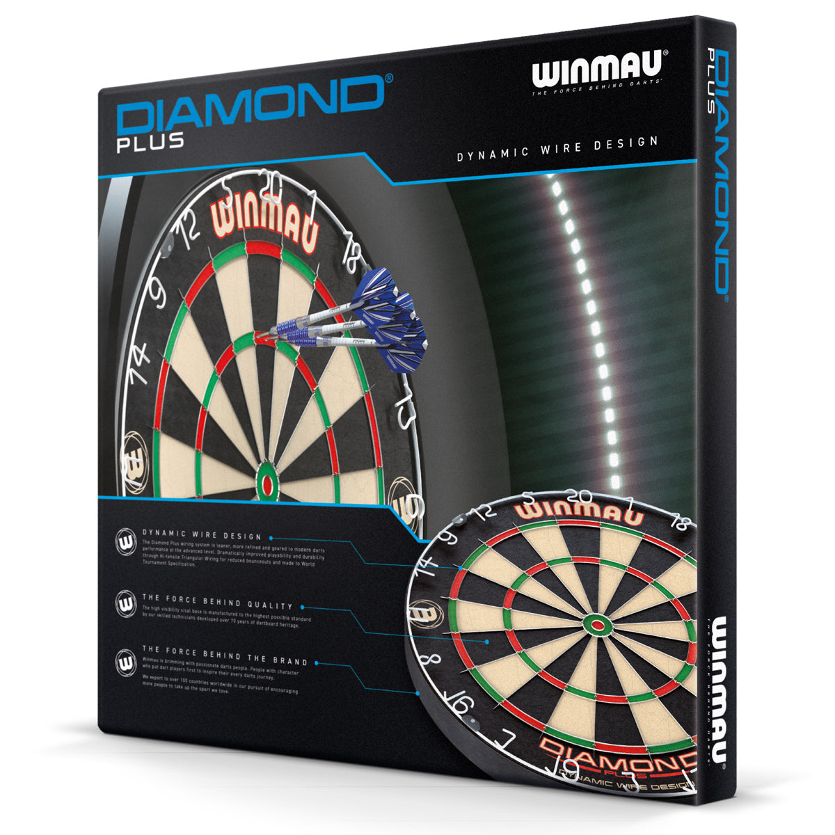 Winmau Diamond Plus Dartboard outer box rear image showing the retail packaging and branding