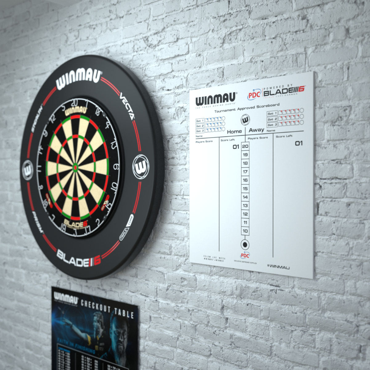 Winmau Dry Wipe Score Board PDC Design lifestyle image showing the score board installed and in use in a real world darts setup
