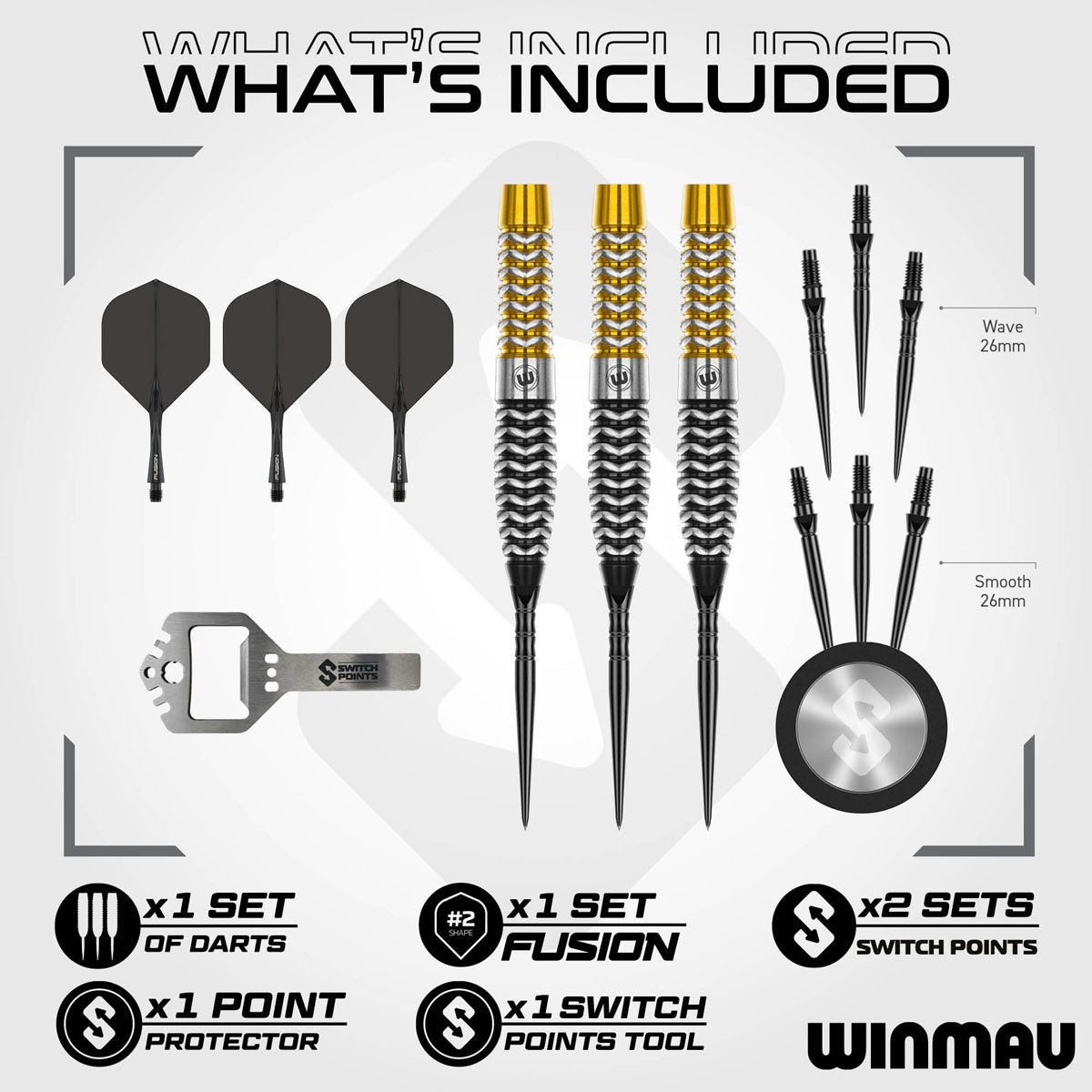 Exion Torpedo Switch Point Steel Tip Darts contents image displaying everything included inside the package