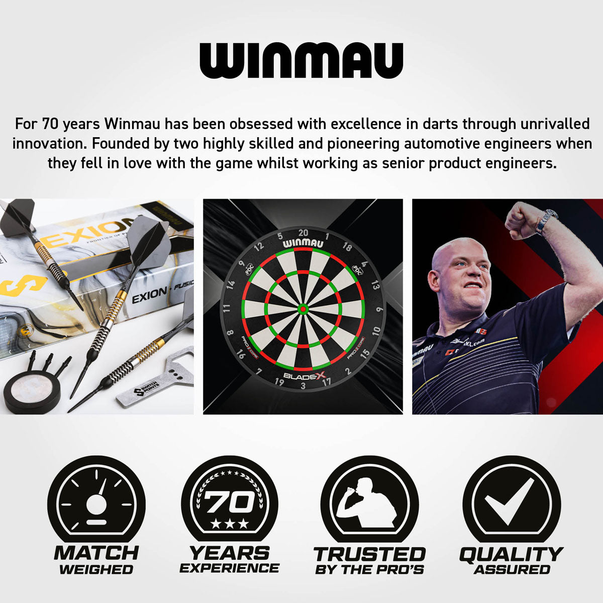Exion Torpedo Switch Point Steel Tip Darts Winmau brand image featuring Winmau branding, product range identity, and manufacturer information