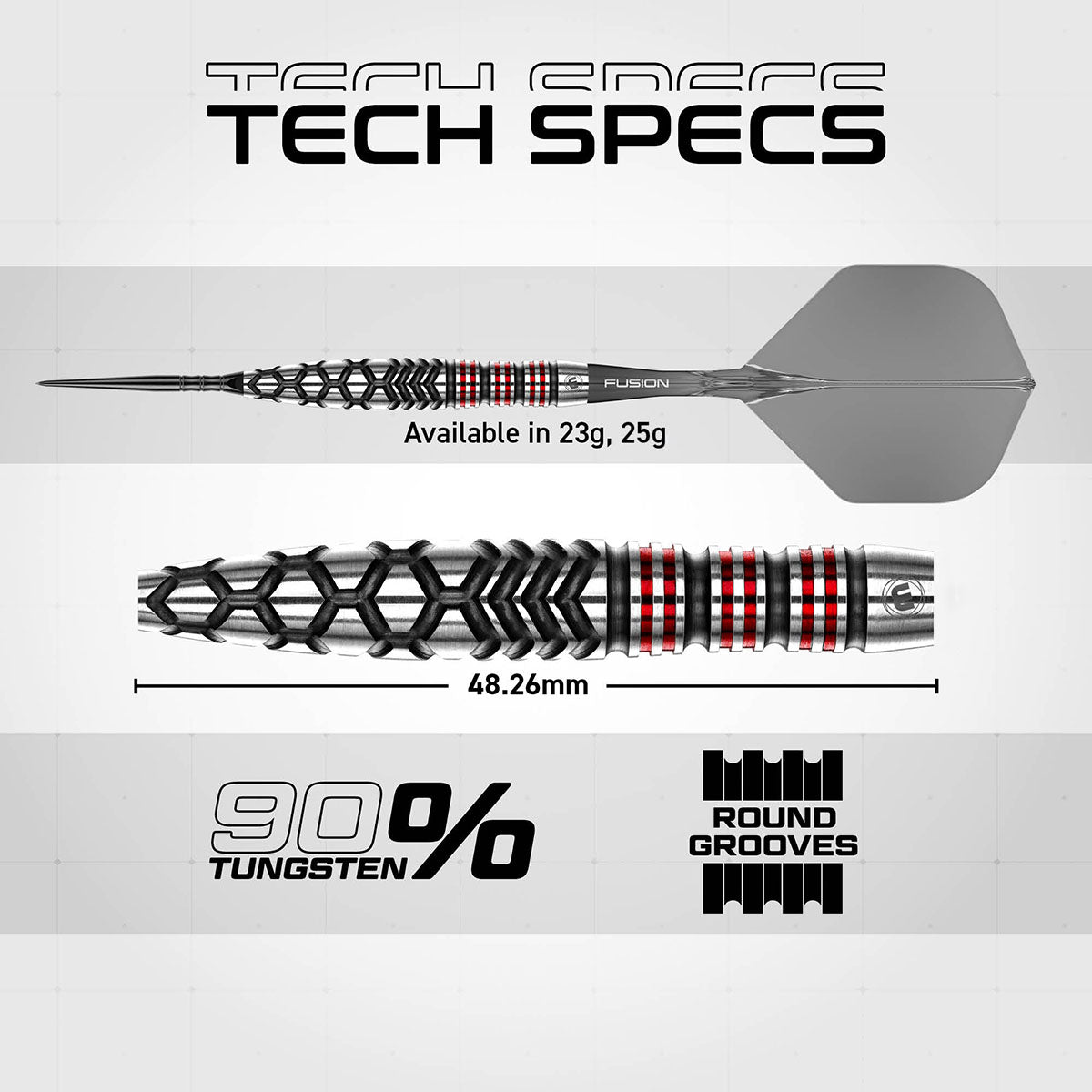 Fornax Torpedo Switch Point Steel Tip Darts technical specifications image showing barrel dimensions, weight information, grip profile, and key product features
