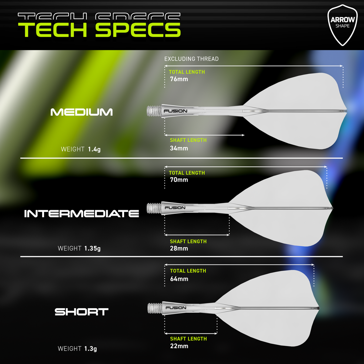 Winmau Fusion Arrow Integrated Flight & Shaft Clear graphic displaying the product specifications and key technical information.