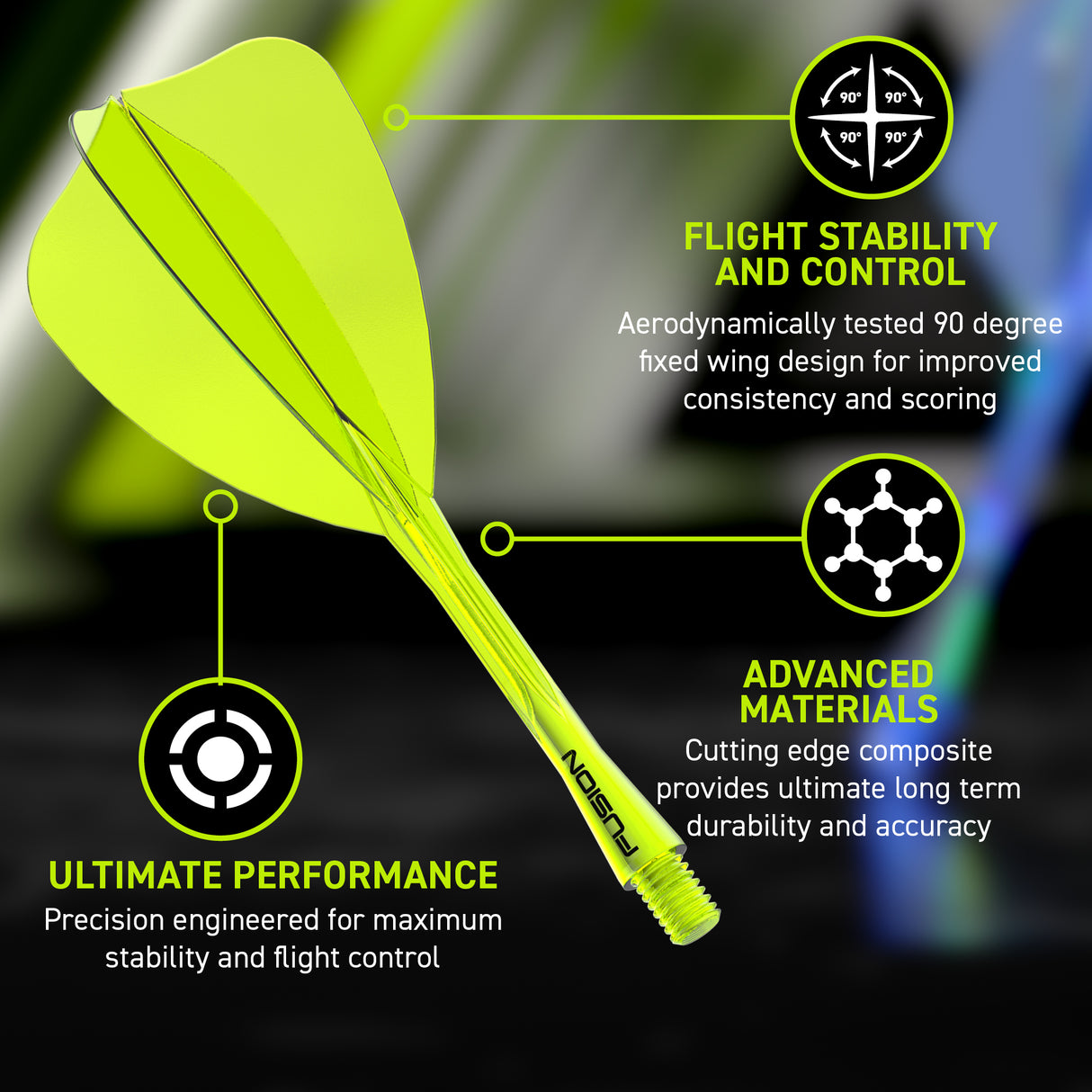 Winmau Fusion Arrow Integrated Flight & Shaft Yellow promotional graphic highlighting the key features and performance benefits.