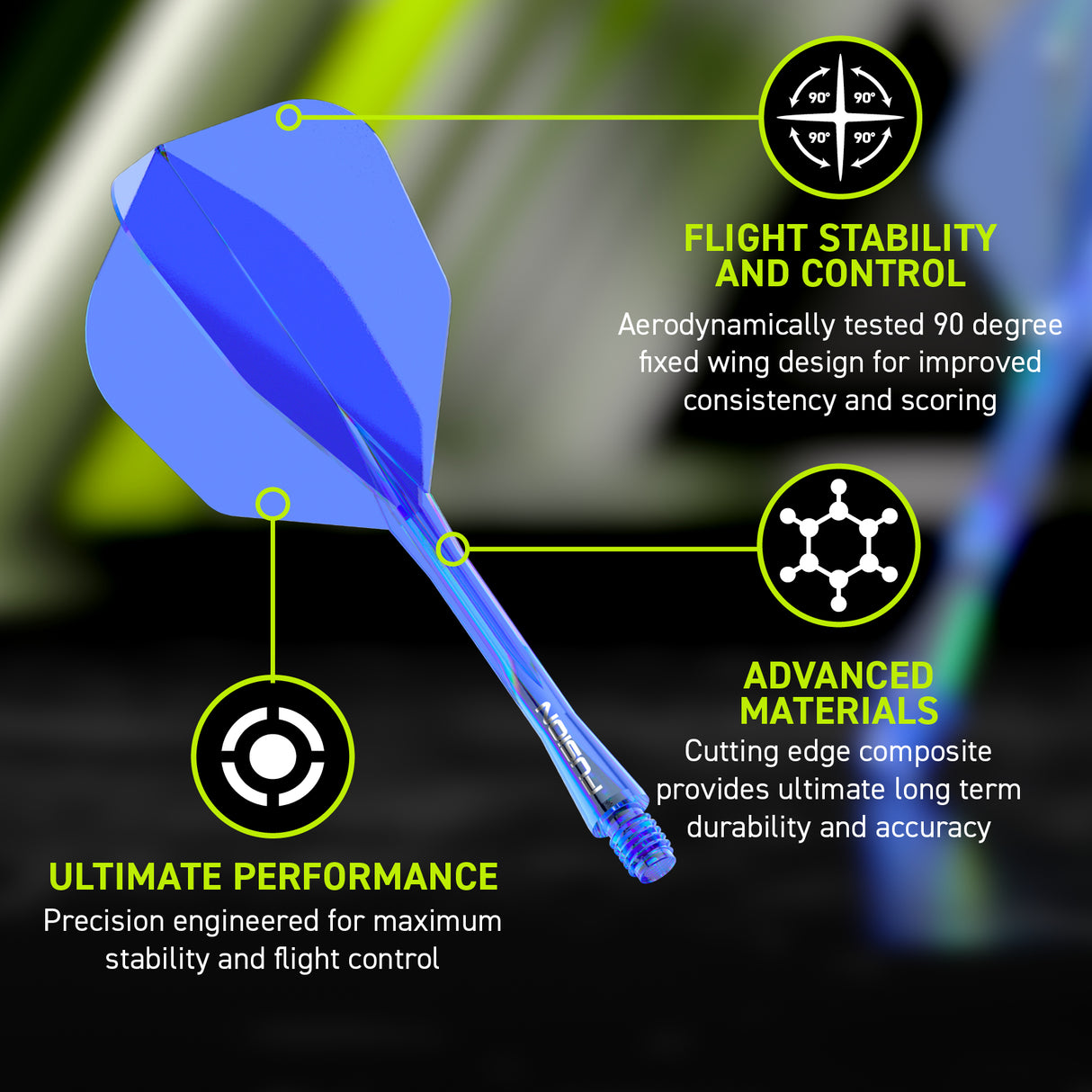 Winmau Fusion Integrated Flight & Shaft Blue No6 promotional graphic highlighting the key features and performance benefits.