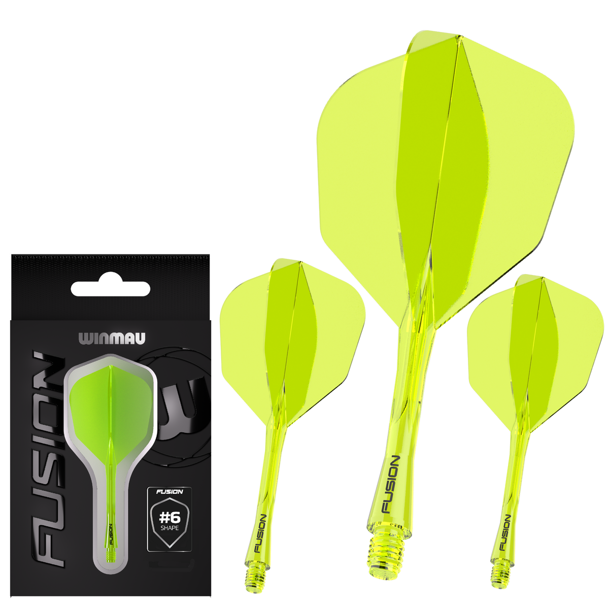 Fusion Integrated Flight & Shaft Neon Yellow No6 by Winmau image showing the retail packaging.