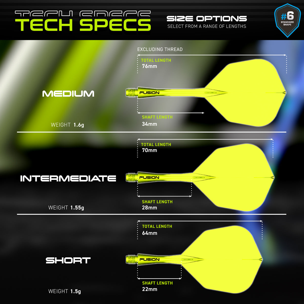Fusion Integrated Flight & Shaft Neon Yellow No6 by Winmau graphic displaying the product specifications and key technical information.