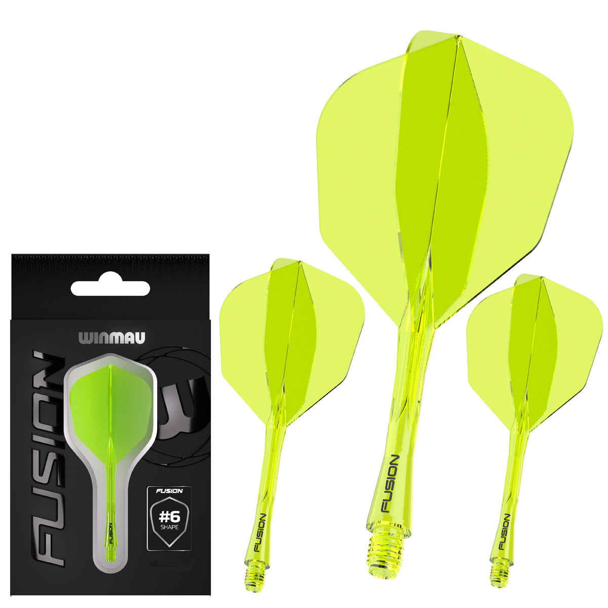 Fusion Integrated Flight & Shaft Neon Yellow No6 by Winmau image showing the retail packaging.