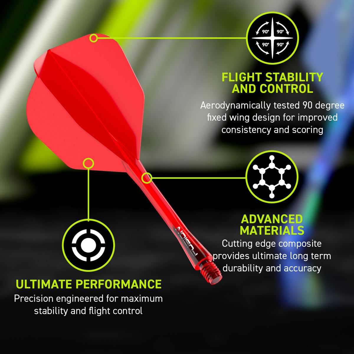Winmau Fusion Integrated Flight & Shaft Red No6 promotional graphic highlighting the key features and performance benefits.