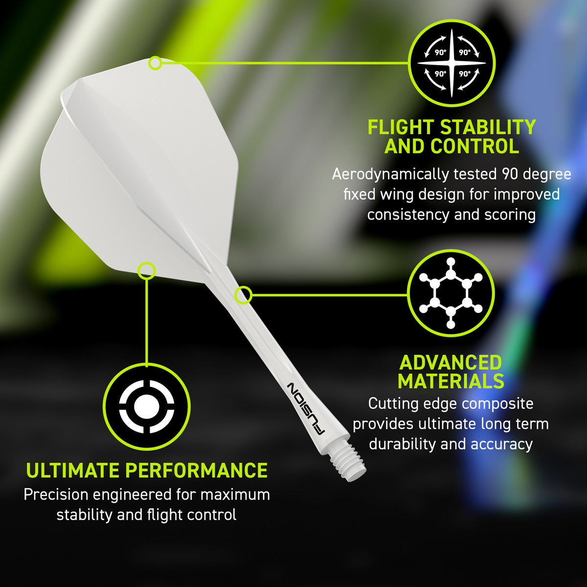 Winmau Fusion Integrated Flight & Shaft White No6 promotional graphic highlighting the key features and performance benefits.