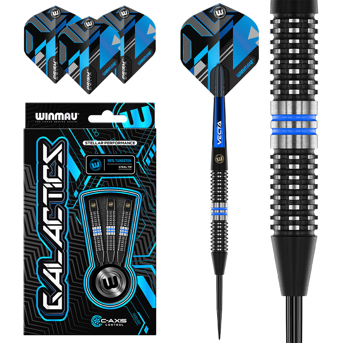 Galactics Steel Tip Darts main product image showing the darts, packaging, flights, shafts, and included accessories